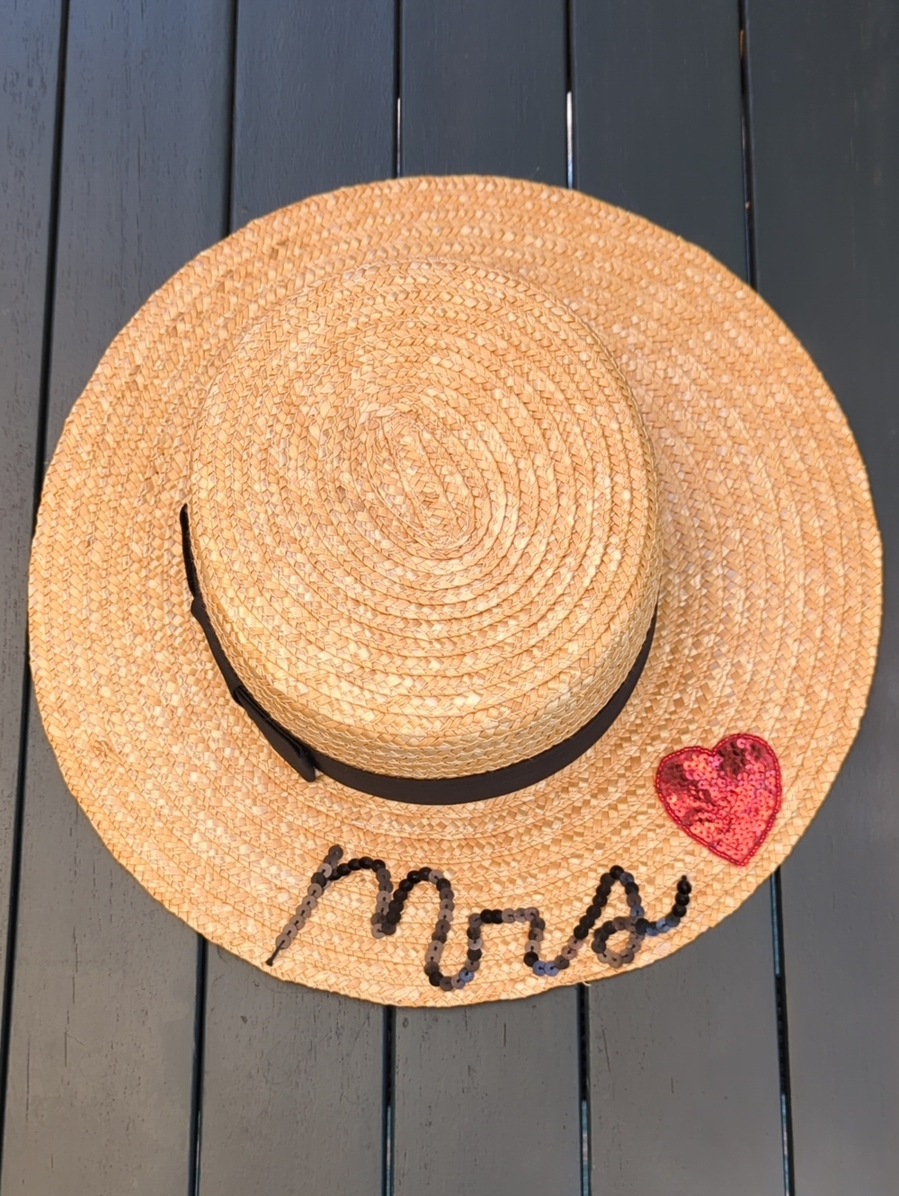 HATSBYOLIVIA "Mrs" Straw Sun Hat with Black Ribbon and Sequin Heart